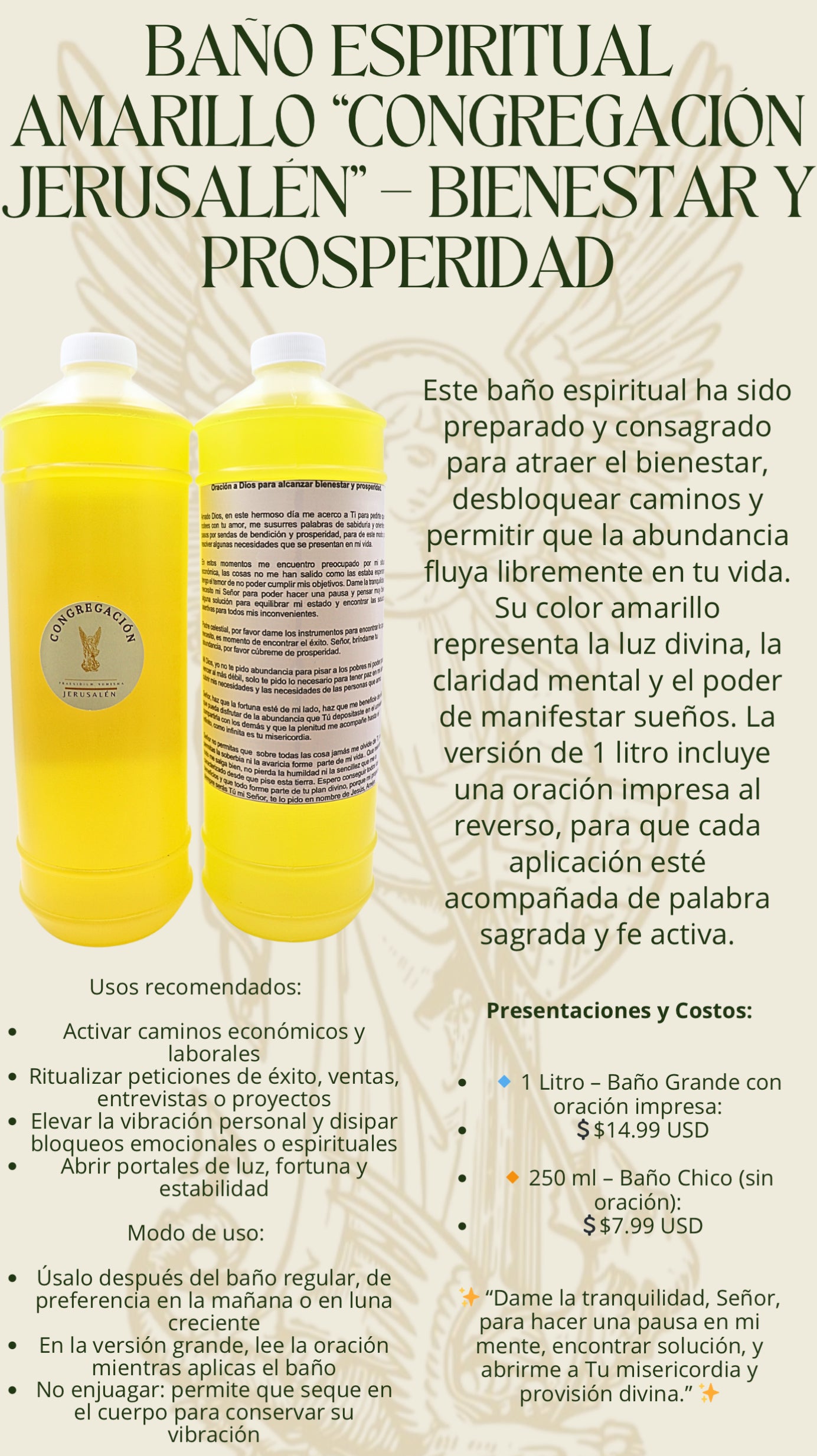 BAÑO ESPIRITUAL AMARILLO "CONGREGACIÓN
JERUSALEN" - BIENESTAR Y PROSPERIDAD